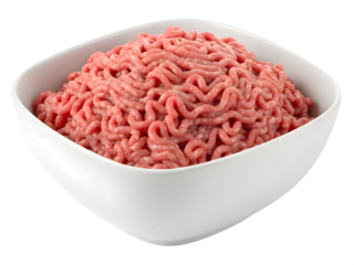 white ceramic bowl with ground raw beef isolated on transparent background Generative Ai.
