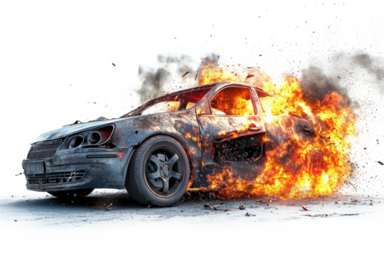 Fiery Car Crash Scene: A Dramatic Depiction of a Burning Vehicle After a Collision