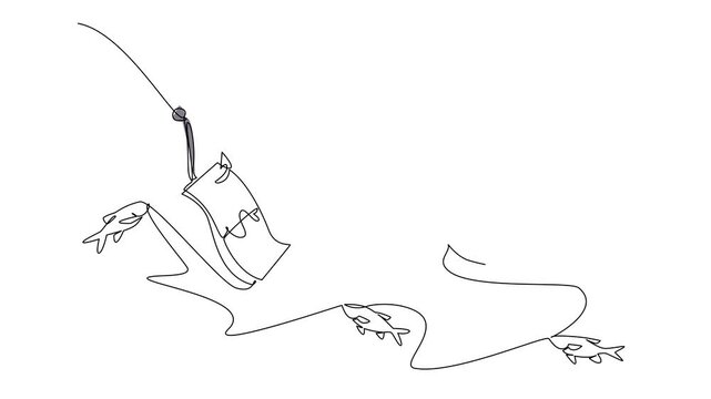 Animated self drawing of single continuous line drawing arab woman swims and reaches for banknotes attached to a hook. Helplessness to seek help. Bound in a trap. Money Bait. Full length animation