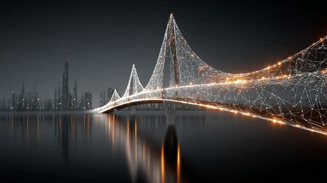 Futuristic Cityscape with Glowing Bridge and Water Reflections at Night