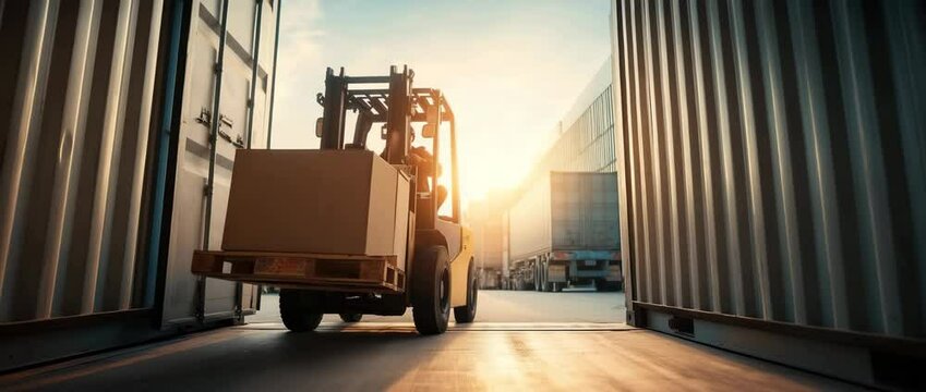 Forklift transports a pallet of cardboard boxes into a large shipping container at a industrial freight terminal. 