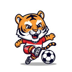 Playful Cartoon Tiger Kicking Soccer Ball, Pixel Art Style