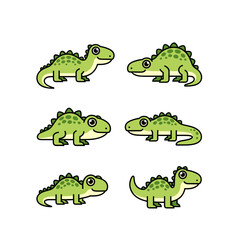 Set of Six Adorable Green Pixel Art Baby Dinosaurs in Various Poses on White Background