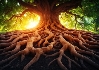 Ancient tree roots in sunlight