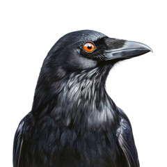 Fototapeta premium Detailed illustration of raven with striking features, showcasing its glossy black feathers and bright orange eye, exuding sense of mystery