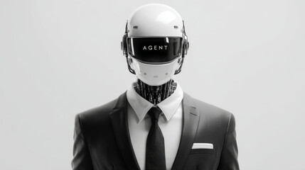 Futuristic robot in business suit, exuding professionalism and sophistication, stands confidently against minimalist background