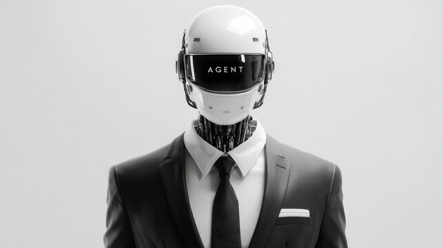 Futuristic robot in business suit, exuding professionalism and sophistication, stands confidently against minimalist background