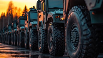 A stoic convoy of military vehicles poised on the horizon ready for a mission in a time of uncertainty captured in