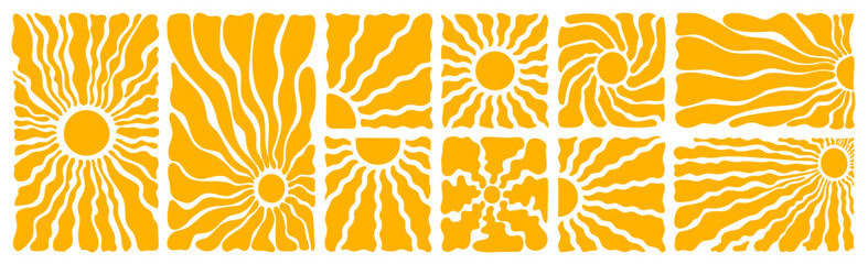 Retro groovy yellow sun or sunshine background in 60s or 70s style. Abstract flower, bright summer sunburst and doodle botanical shape. Y2k hippie social media banner. Boho rainbow floral pattern art.