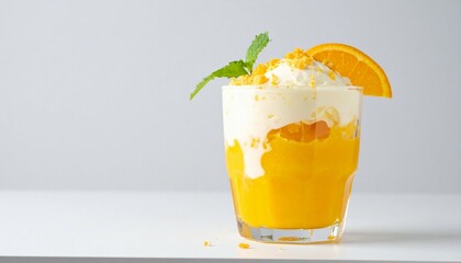 Orange smoothies with vanilla ice cream and simple garnish and biscuit crumble