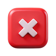 Fototapeta premium Red Square Button with White Cross Mark 3d icon in cartoon plastic style minimal isolated on transparent white background, clipping path