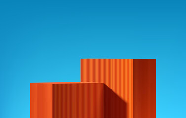 Orange 3D cubes box podium background with summer blue empty wall scene. Minimalist studio mockup pedestal. Abstract stand product display presentation, Stage for showcase. Vector platform design.