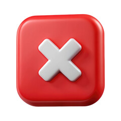 Obraz premium Red Square Button with White Cross Mark 3d icon in cartoon plastic style minimal isolated on transparent white background, clipping path