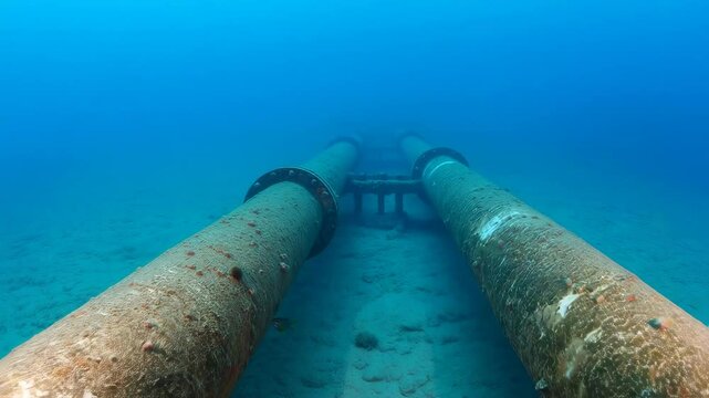 Underwater Pipeline System on Sandy Seabed in Clear Blue Ocean Water