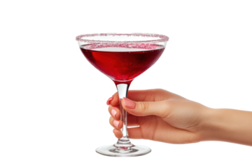 A Hand Holding a Cosmopolitan Cocktail Rimmed with Sugar