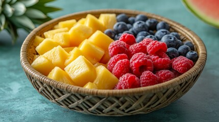 Fototapeta premium Vibrant Fruit Fusion: A Basket of Fresh Pineapple, Blueberries, and Raspberries Delightfully Arranged