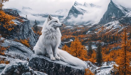 White fox in autumn mountain landscape
