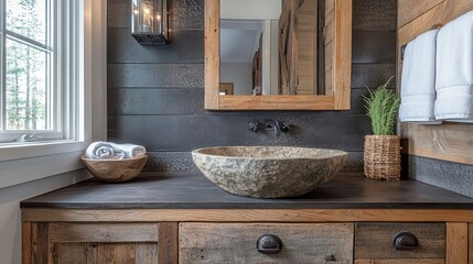 A rustic bathroom retreat showcasing a stone vessel sink and reclaimed wood vanity reflecting the charm of country
