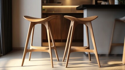 Wooden bar stools with minimalist design in interior setting