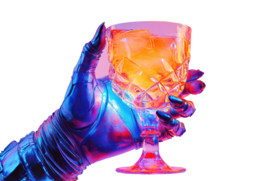 Neon Cyberpunk Robotic Hand Holding Crystal Glass of Orange Liquid