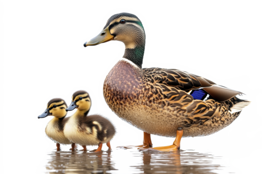 A Female Mallard Duck with Two Ducklings by the Waterside A Beautiful Close-up Shot