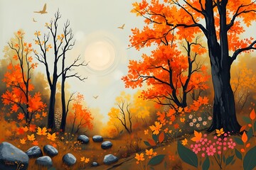 Serene forest landscape featuring colorful autumn trees, sunlit sky, birds, rocks, and flowers