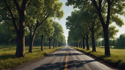 Obraz premium a road with trees on each side, realistic, depressing, middle of nowhere, hyper-realistic, depressing, realistic, ultra realistic, real-life picture