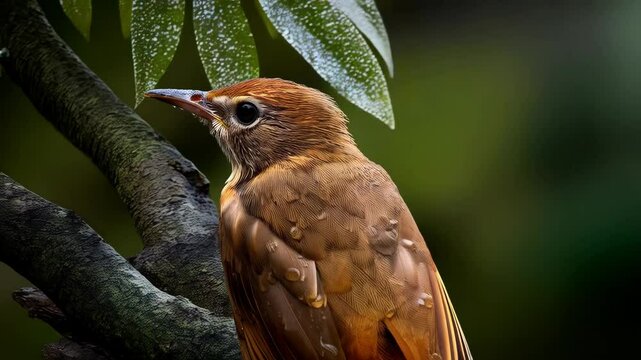 Detailed close-up of a Rufous Hornero-like bird perched on a branch in lush green forest