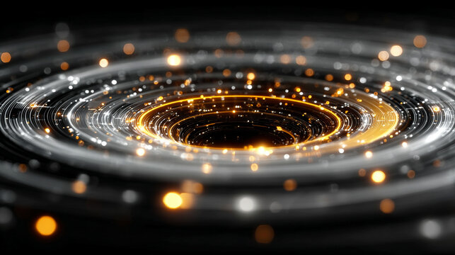 Abstract glowing digital funnel in white, gold, and silver tones. Symbol of big data technology, collection, analysis, and transformation of information in a modern digital concept.