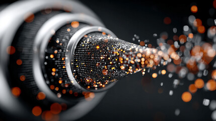 Abstract glowing digital funnel in white, gold, and silver tones. Symbol of big data technology, collection, analysis, and transformation of information in a modern digital concept.