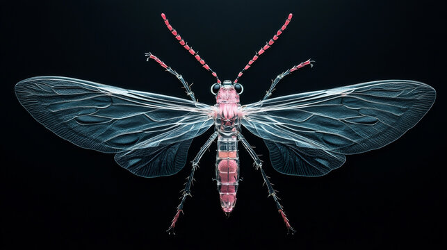 Macro photograph of an insect with transparent wings and pink turrets, black background.