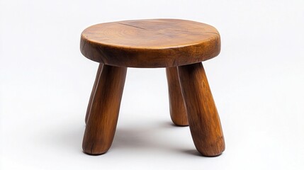 Wooden stool with round seat and three legs on white background