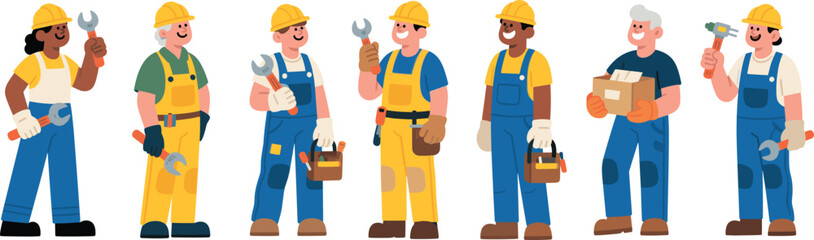 Illustration of Diverse Construction Workers Holding Tools in Uniforms Teamwork, Industrial Professionals, Skilled Tradespeople Depiction for Workforce and Labor Concept Design