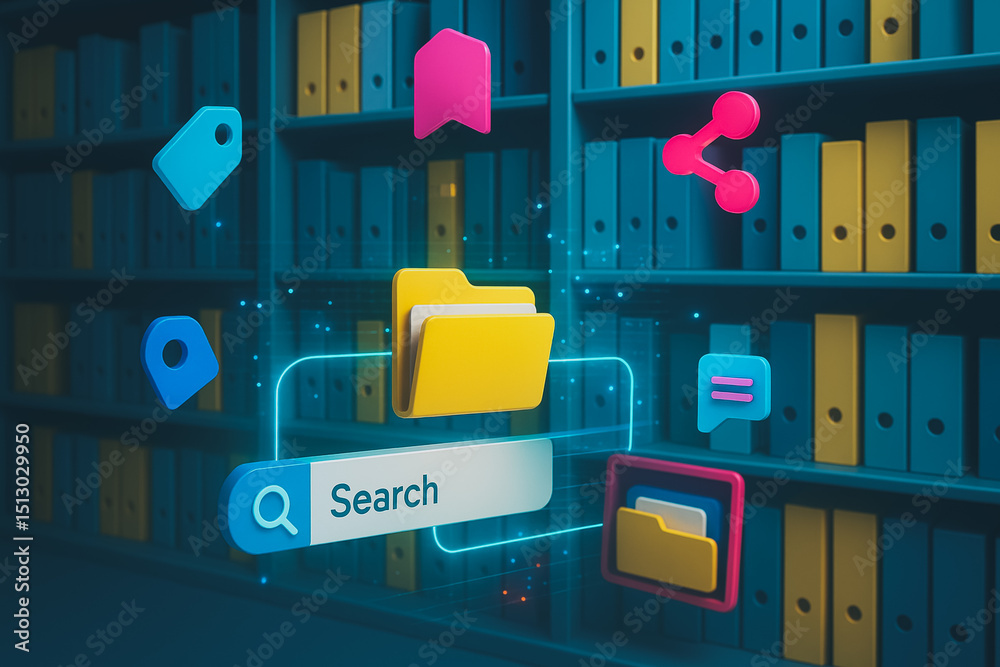 Poster digital information archive: a vibrant digital rendering of a vast archive, with an interactive sear