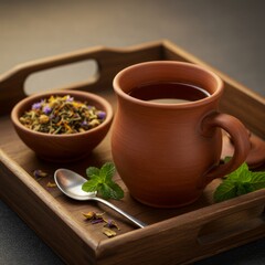 Earthy Brown Clay Mug of Herbal Tea on Wooden Tray