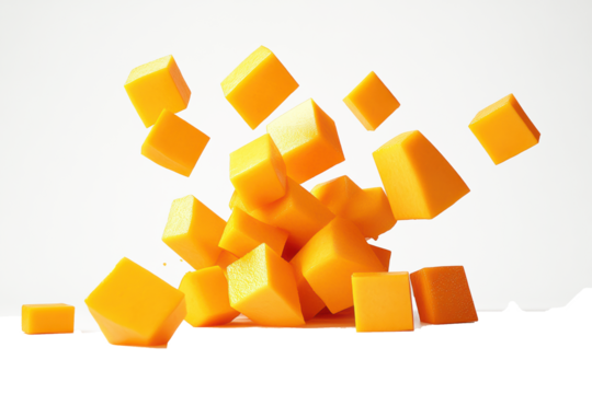 Vibrant Orange Cubes Cascading Down in a Dynamic Composition: A Stunning Still Life of Cubed Butternut Squash