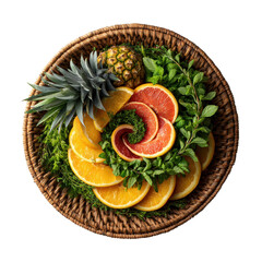Vibrant Tropical Fruit Arrangement Pineapple Slices Oranges and Mint in Wicker Basket