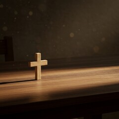 Obraz premium Wooden Cross on Dark Wooden Table with Subtle Lighting