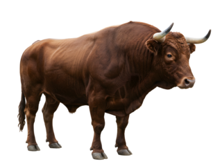 Powerful brown bull with long horns and defined muscles standing in side profile, isolated on a transparent background – symbol of strength, aggression, and raw animal energy, perfect for design overl