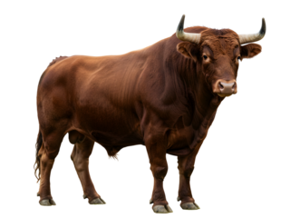 Powerful brown bull with long horns and defined muscles standing in side profile, isolated on a transparent background – symbol of strength, aggression, and raw animal energy, perfect for design overl