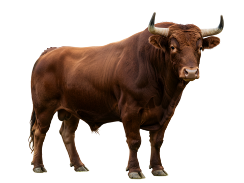 Powerful brown bull with long horns and defined muscles standing in side profile, isolated on a transparent background – symbol of strength, aggression, and raw animal energy, perfect for design overl