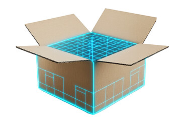 Digital Grid Inside Open Cardboard Box: Innovative Packaging and Technology Concept