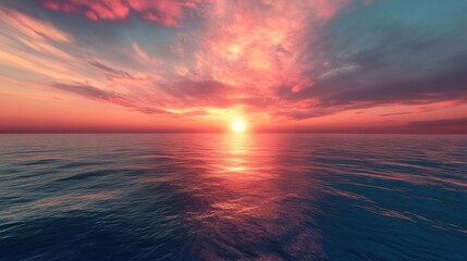 Vibrant crimson sunset reflecting over tranquil oceanic waterscape vista