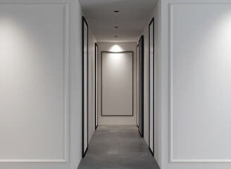 Modern home and living room with canvase frame on white pattern wall texture background interior design. 3d rendeing 