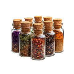 Collection of Assorted Spices in Glass Jars with Cork Lids