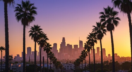 Los Angeles City Skyline at Sunset with Palm Trees