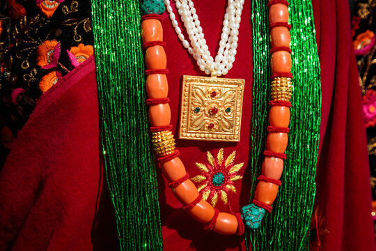 Traditional Gurung Woman&rsquo;s Dress &ndash; Nepalese Ethnic Attire with Coral Beads and Gold Pendant