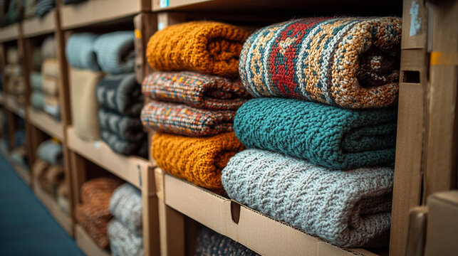 Stacks of colorful blankets arranged neatly on cardboard boxes in a warehouse during a charity event, symbolizing warmth, comfort, generosity, and community support.