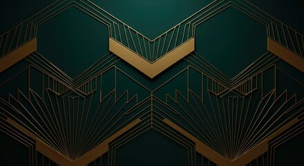 Opulent Art Deco geometric pattern with intricate gold lines on an emerald green background. Elegant, symmetrical design perfect for luxury branding, vintage themes, or stylish wallpapers.