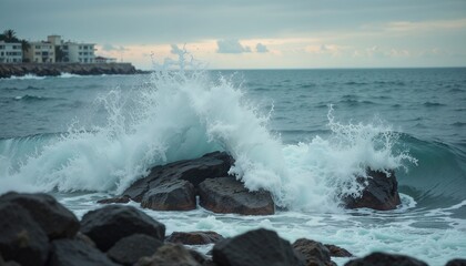Fototapeta premium Dynamic ocean wave crashing against rocks on a cloudy day